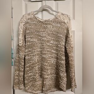 A'Reve Cream and Brown Lace Knit Top